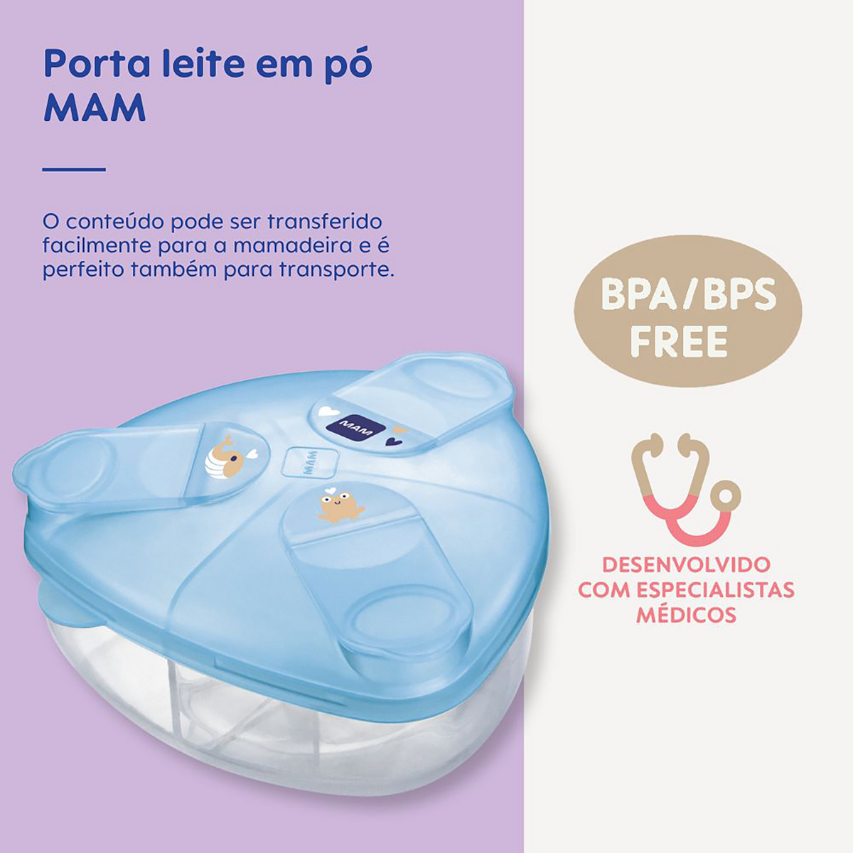 Porta Leite em Pó MAM com 3 Compartimentos e Tampa Azul