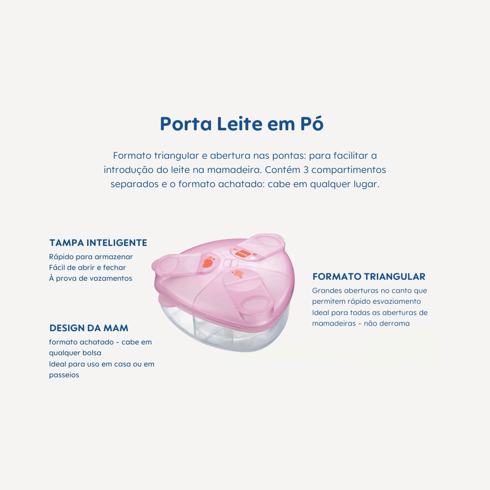 Porta Leite em Pó MAM com 3 Compartimentos e Tampa Rosa