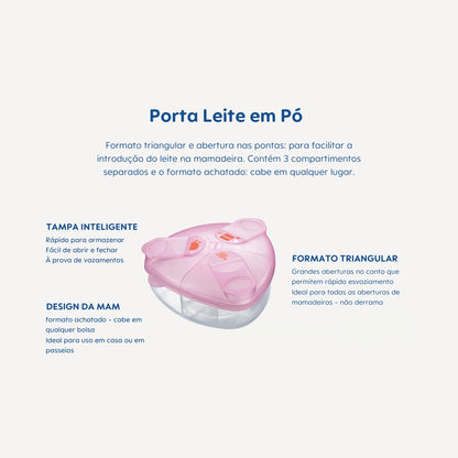 Porta Leite em Pó MAM com 3 Compartimentos e Tampa Rosa