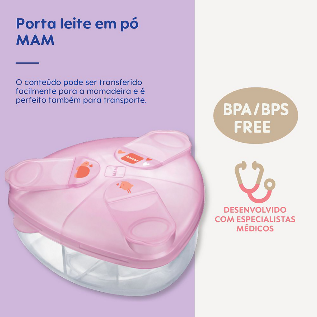 Porta Leite em Pó MAM com 3 Compartimentos e Tampa Rosa