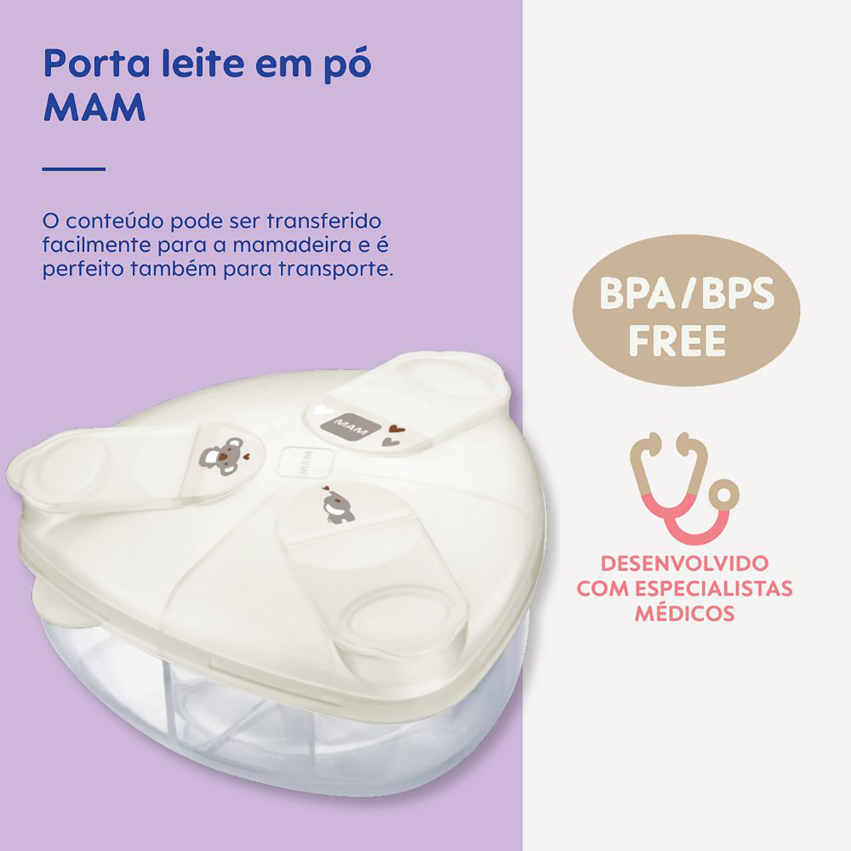 Porta Leite em Pó MAM com 3 Compartimentos e Tampa Neutra
