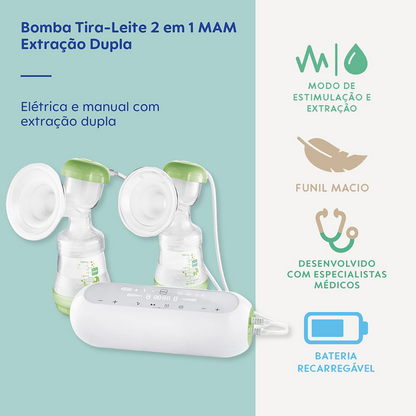 Bomba Tira-Leite  2 em 1 MAM Manual e Elétrica Extração Dupla