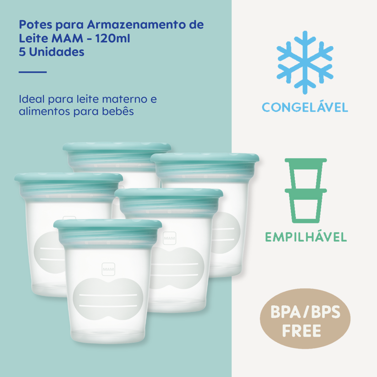 Kit 5 Potes para Armazenamento MAM 120ml com Tampa
