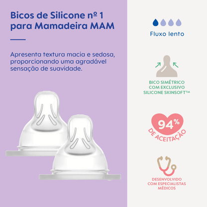 Kit 2 Bicos nº 1 para Mamadeira MAM em Silicone Fluxo Lento 0+ Meses