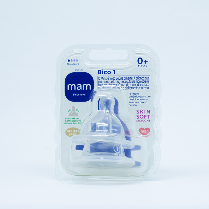 Kit 2 Bicos nº 1 para Mamadeira MAM em Silicone Fluxo Lento 0+ Meses