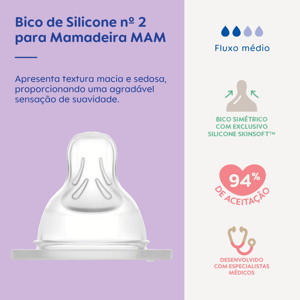 Bico nº 2 para Mamadeira MAM em Silicone Fluxo Médio 2+ Meses