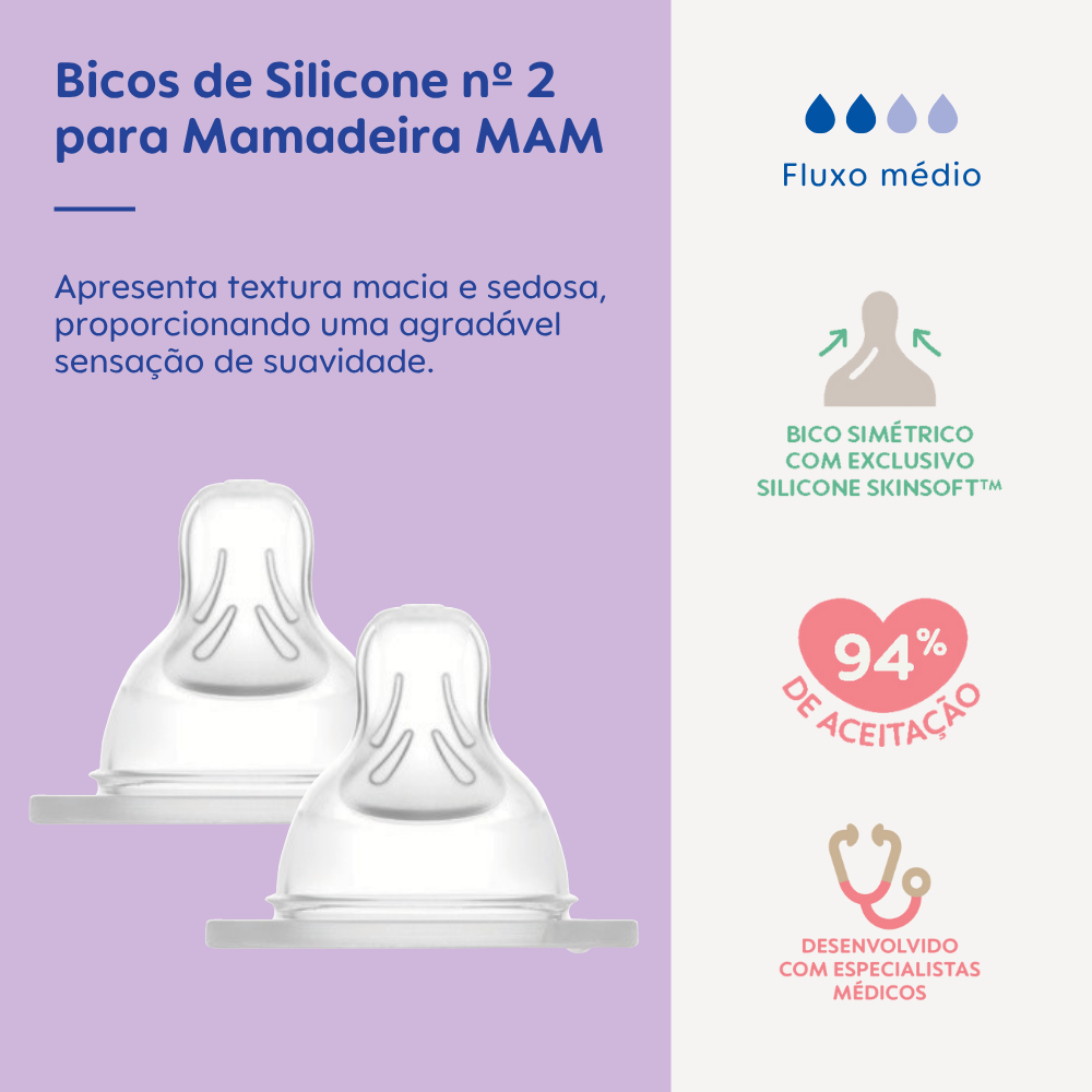Kit 2 Bicos nº 2 para Mamadeira MAM em Silicone Fluxo Médio 2+ Meses
