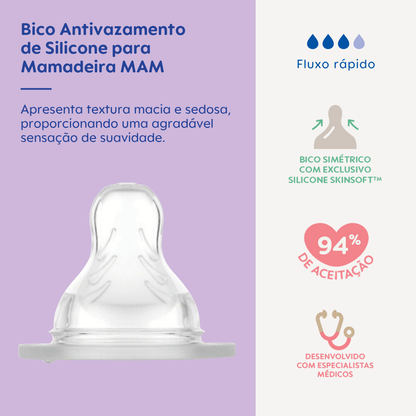 Bico Antivazamento para Mamadeira MAM em Silicone Fluxo Rápido 4+ Meses