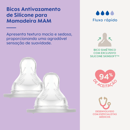 Kit 2 Bicos Antivazamento para Mamadeira MAM em Silicone Fluxo Rápido 4+ Meses