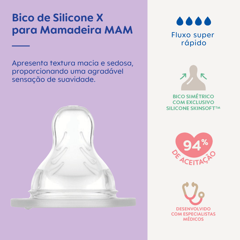Bico X para Mamadeira MAM em Silicone Fluxo Super Rápido 6+ Meses
