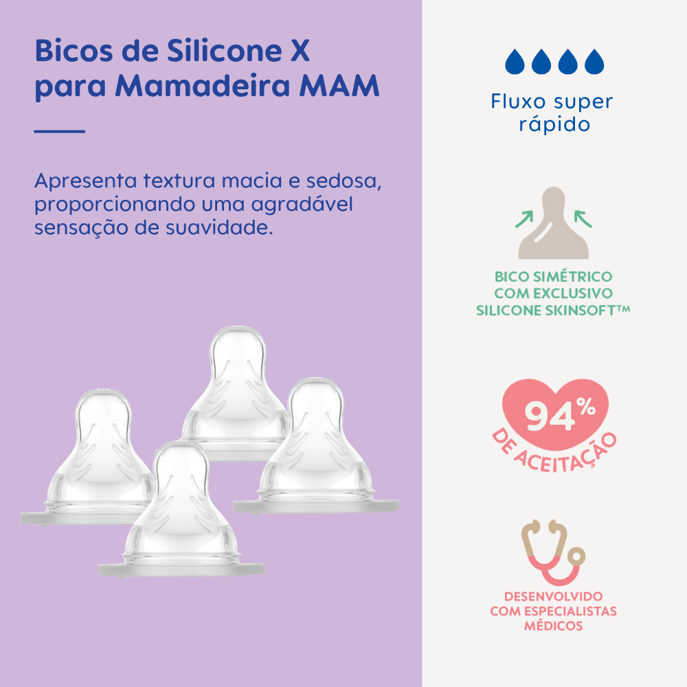 Kit 4 Bicos X  para Mamadeira MAM em Silicone Fluxo Super Rápido 6+ Meses