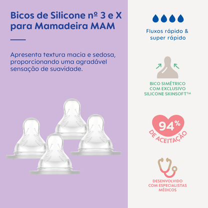 Kit 4 Bicos Mistos para Mamadeira MAM em Silicone Fluxos Rápido e Super Rápido 4+ Meses