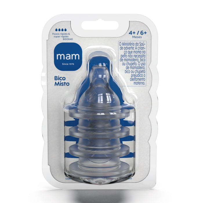 Kit 4 Bicos Mistos para Mamadeira MAM em Silicone Fluxos Rápido e Super Rápido 4+ Meses
