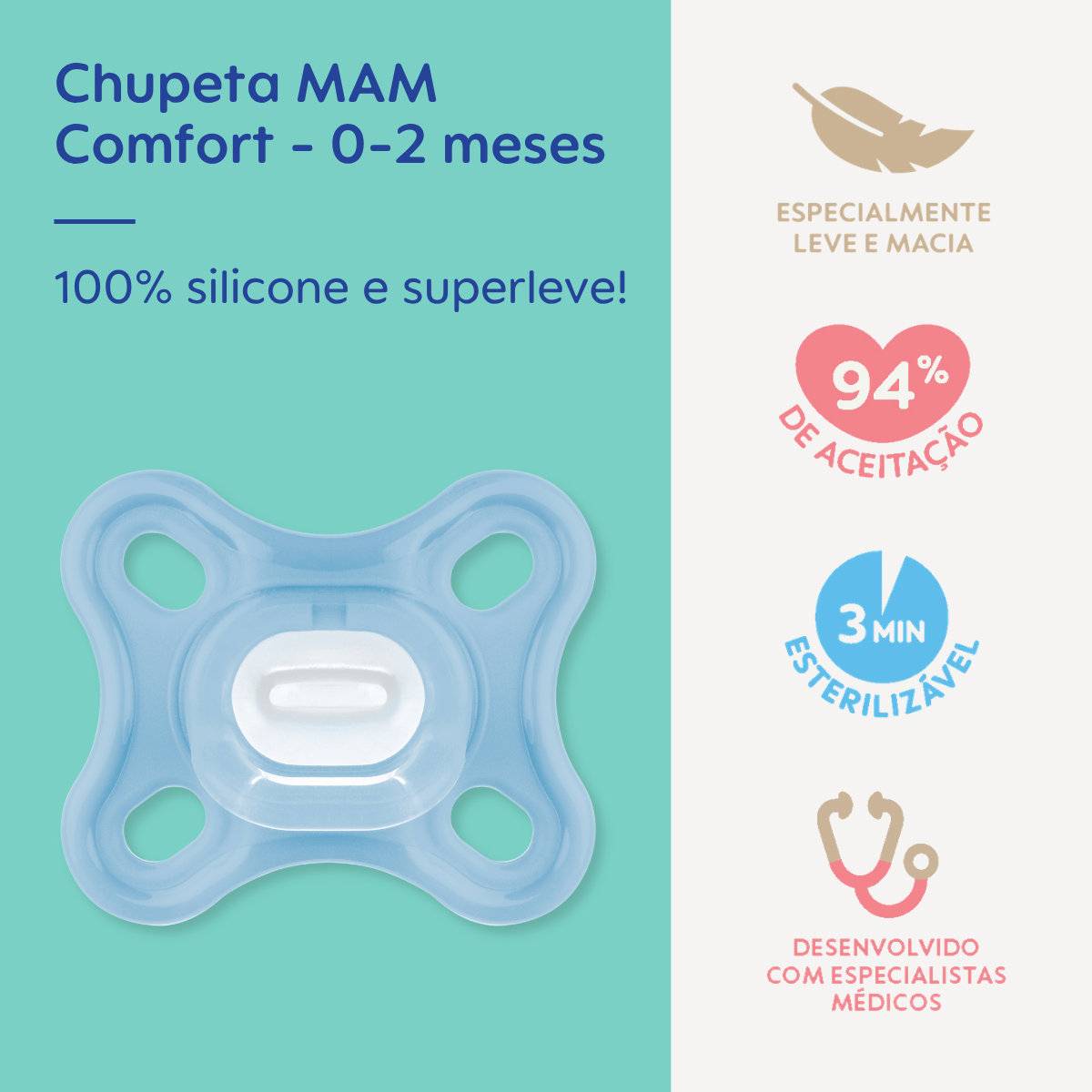 Chupeta MAM Comfort 100% Silicone 0-2 Meses Azul com Caixa Esterilizadora
