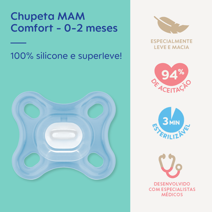 Chupeta MAM Comfort 100% Silicone 0-2 Meses Azul com Caixa Esterilizadora