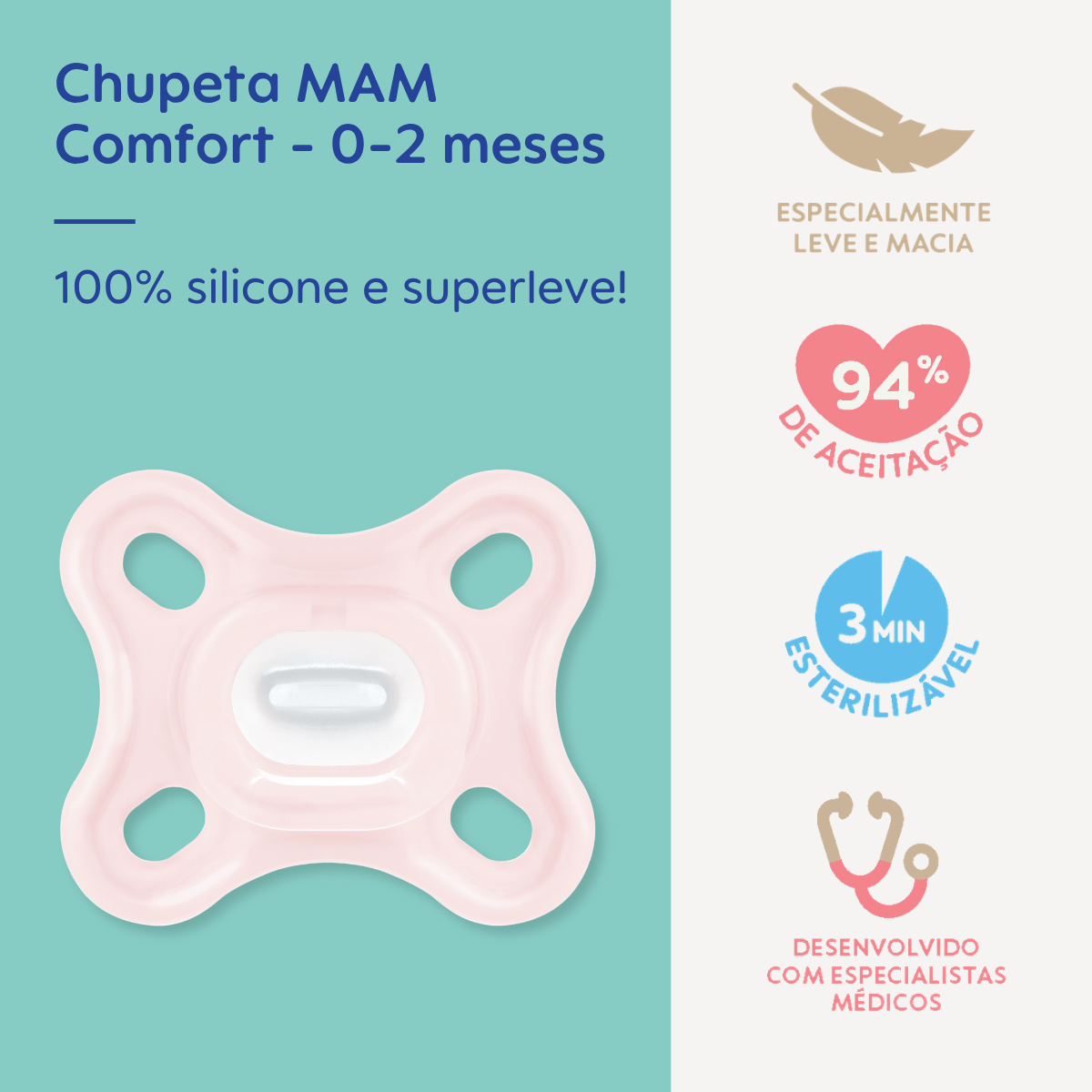 Chupeta MAM Comfort 100% Silicone 0-2 Meses Rosa com Caixa Esterilizadora
