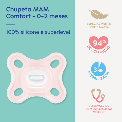 Chupeta MAM Comfort 100% Silicone 0-2 Meses Rosa com Caixa Esterilizadora