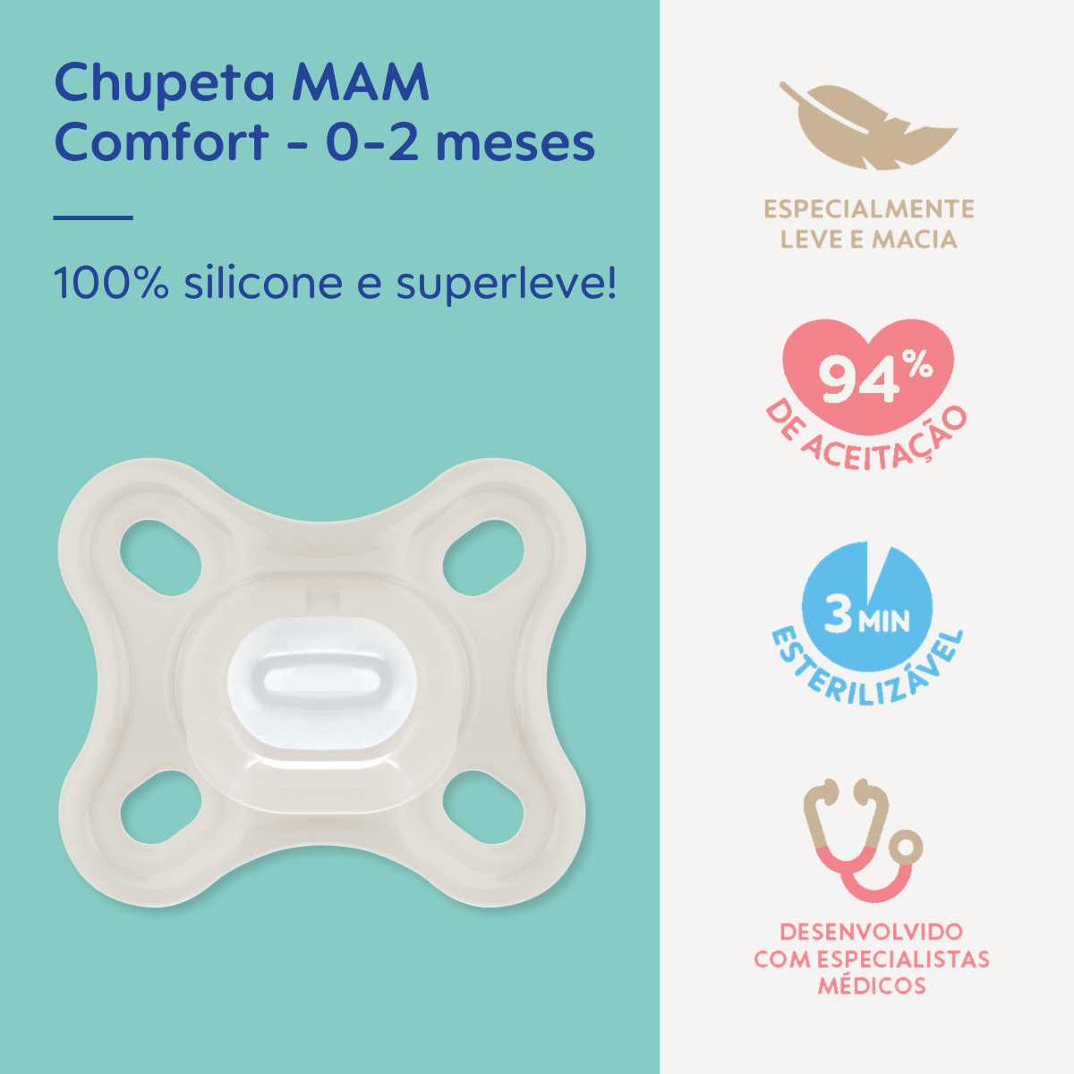 Chupeta MAM Comfort 100% Silicone 0-2 Meses Neutra com Caixa Esterilizadora