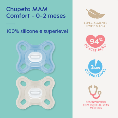Chupeta MAM Comfort 100% Silicone 0-2 Meses com Caixa Esterilizadora Embalagem Dupla
