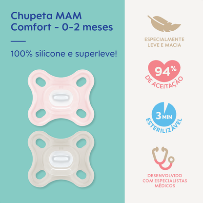 Chupeta MAM Comfort 100% Silicone 0-2 Meses com Caixa Esterilizadora Embalagem Dupla