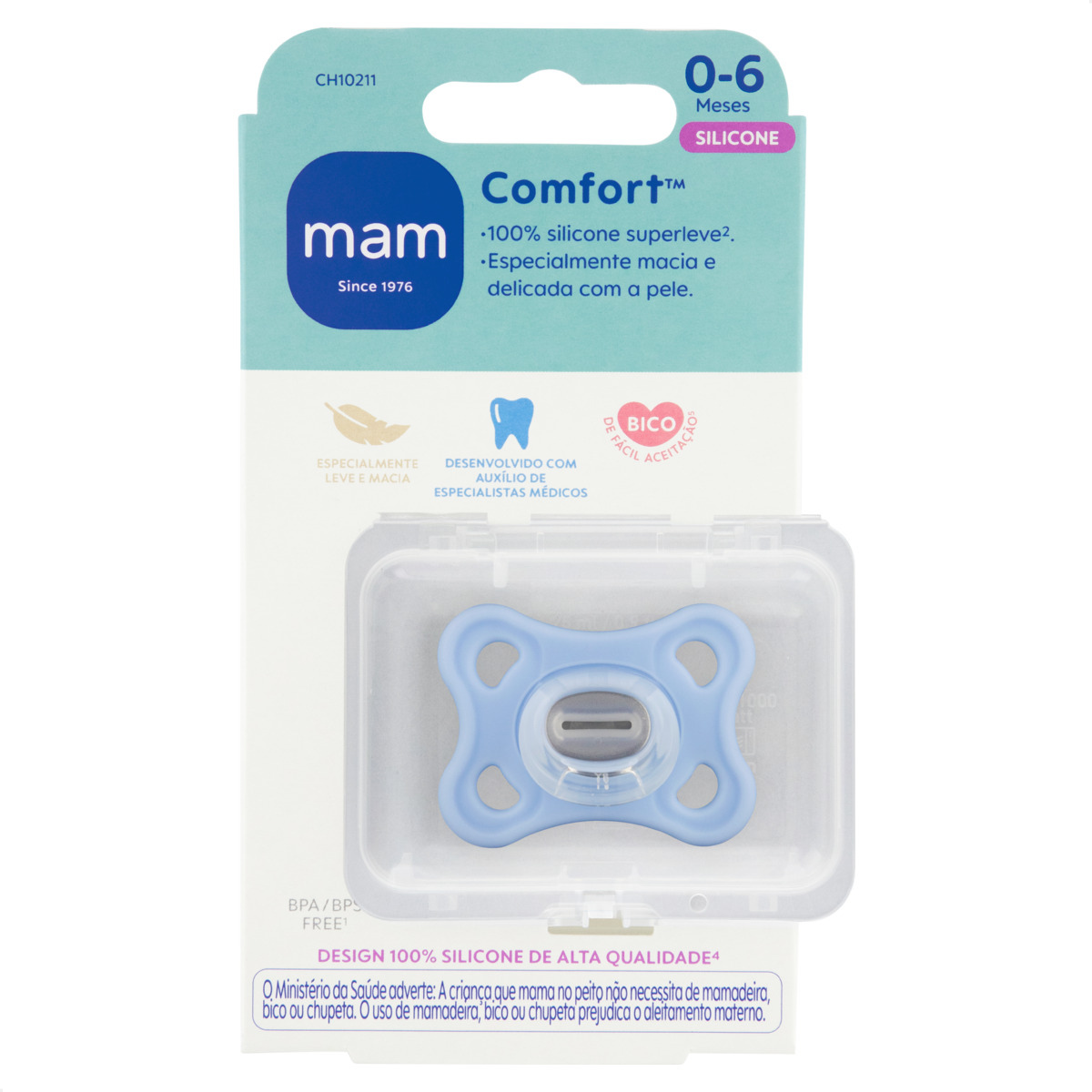 Chupeta MAM Comfort 100% Silicone 0-6 Meses Azul com Caixa Esterilizadora