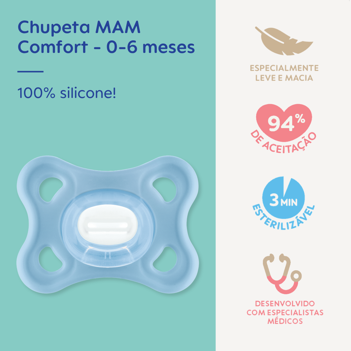 Chupeta MAM Comfort 100% Silicone 0-6 Meses Azul com Caixa Esterilizadora