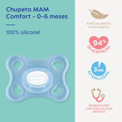 Chupeta MAM Comfort 100% Silicone 0-6 Meses Azul com Caixa Esterilizadora