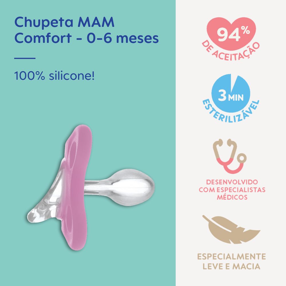 Chupeta MAM Comfort 100% Silicone 0-6 Meses Rosa com Caixa Esterilizadora