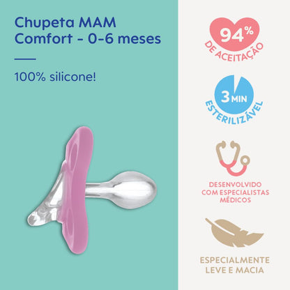Chupeta MAM Comfort 100% Silicone 0-6 Meses Rosa com Caixa Esterilizadora