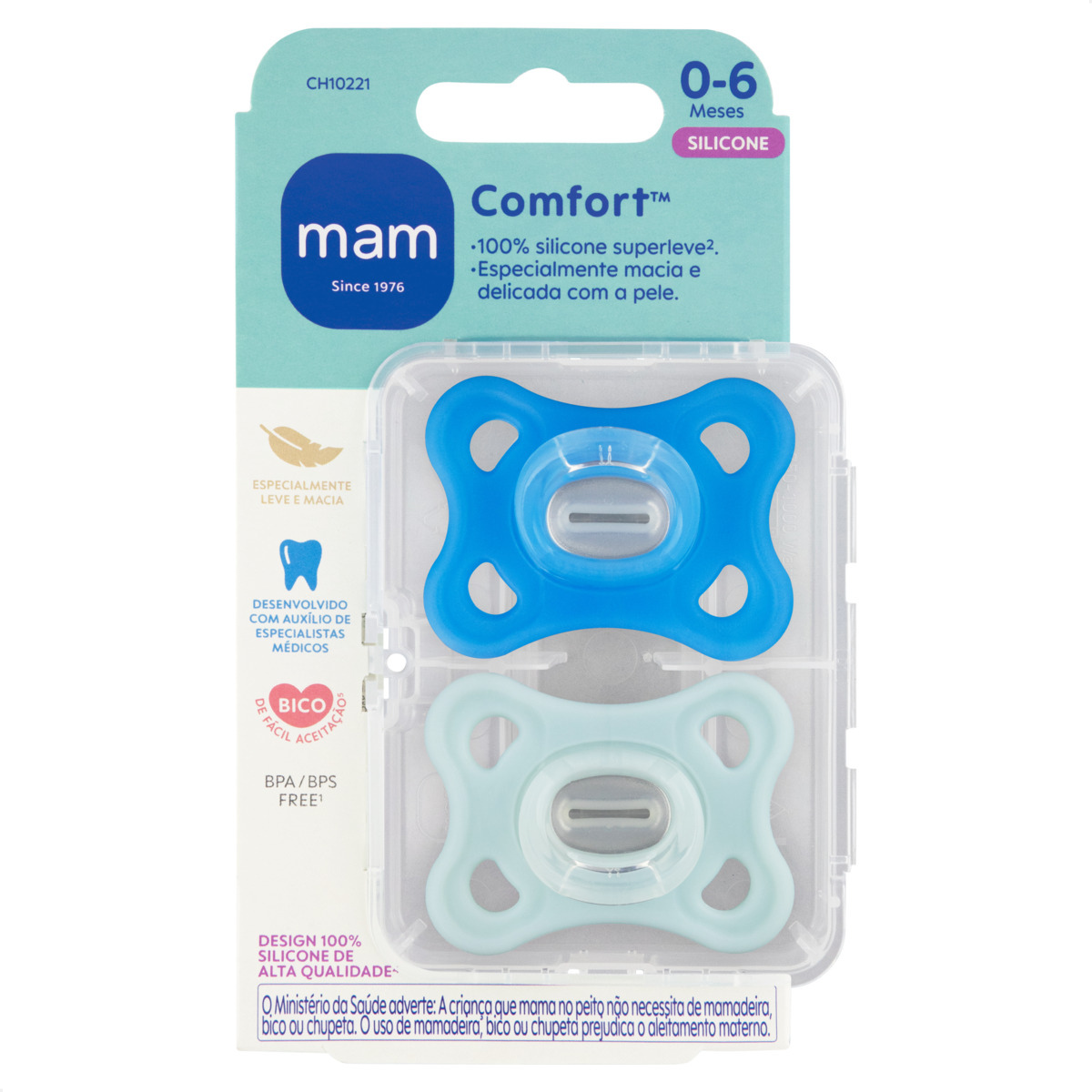 Chupeta MAM Comfort 100% Silicone 0-6 Meses com Caixa Esterilizadora Embalagem Dupla