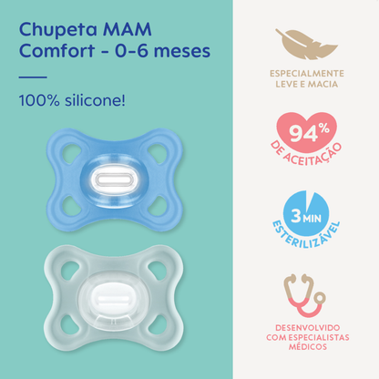 Chupeta MAM Comfort 100% Silicone 0-6 Meses com Caixa Esterilizadora Embalagem Dupla
