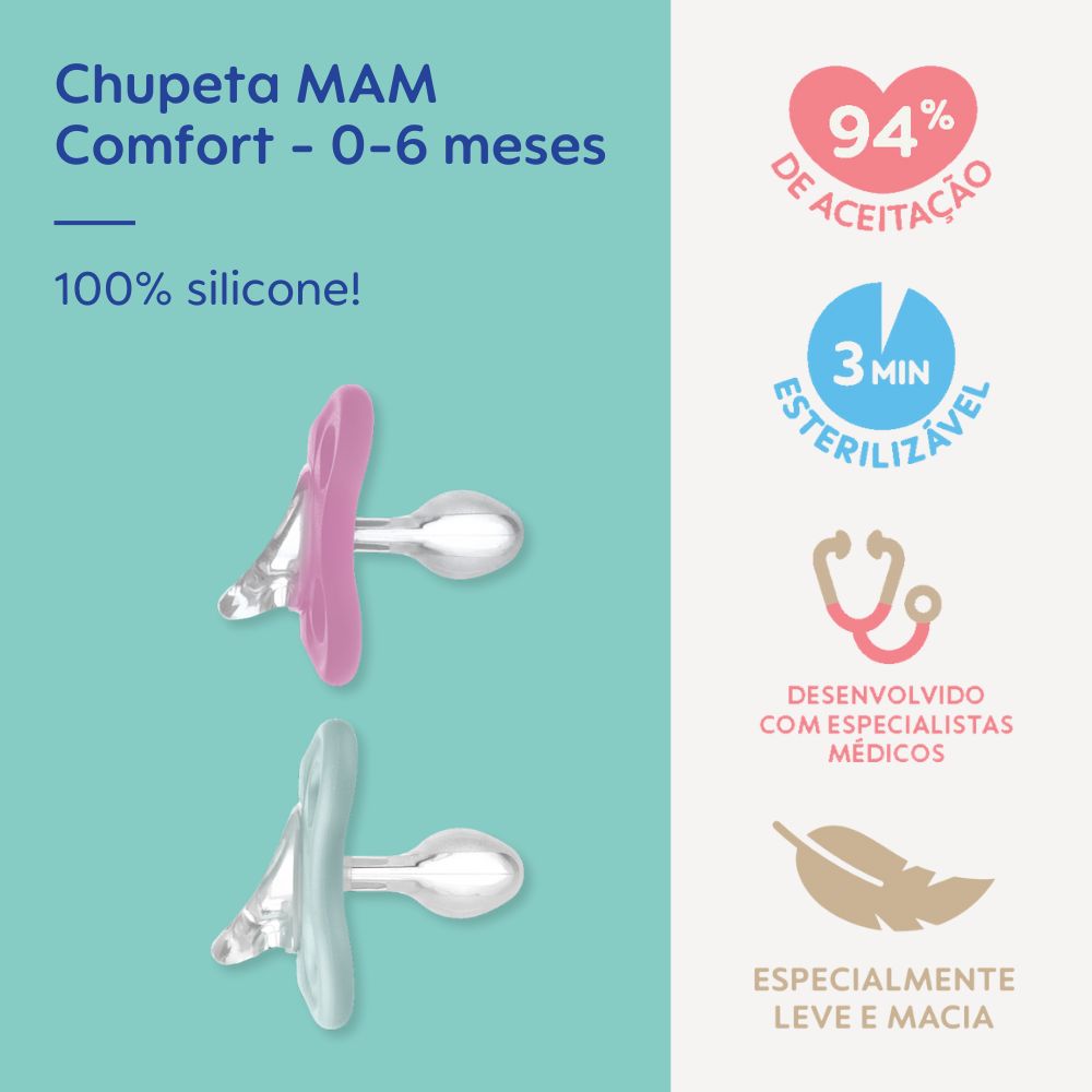 Chupeta MAM Comfort 100% Silicone 0-6 Meses com Caixa Esterilizadora Embalagem Dupla