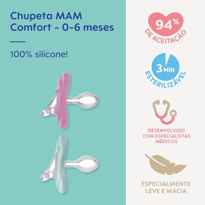 Chupeta MAM Comfort 100% Silicone 0-6 Meses com Caixa Esterilizadora Embalagem Dupla
