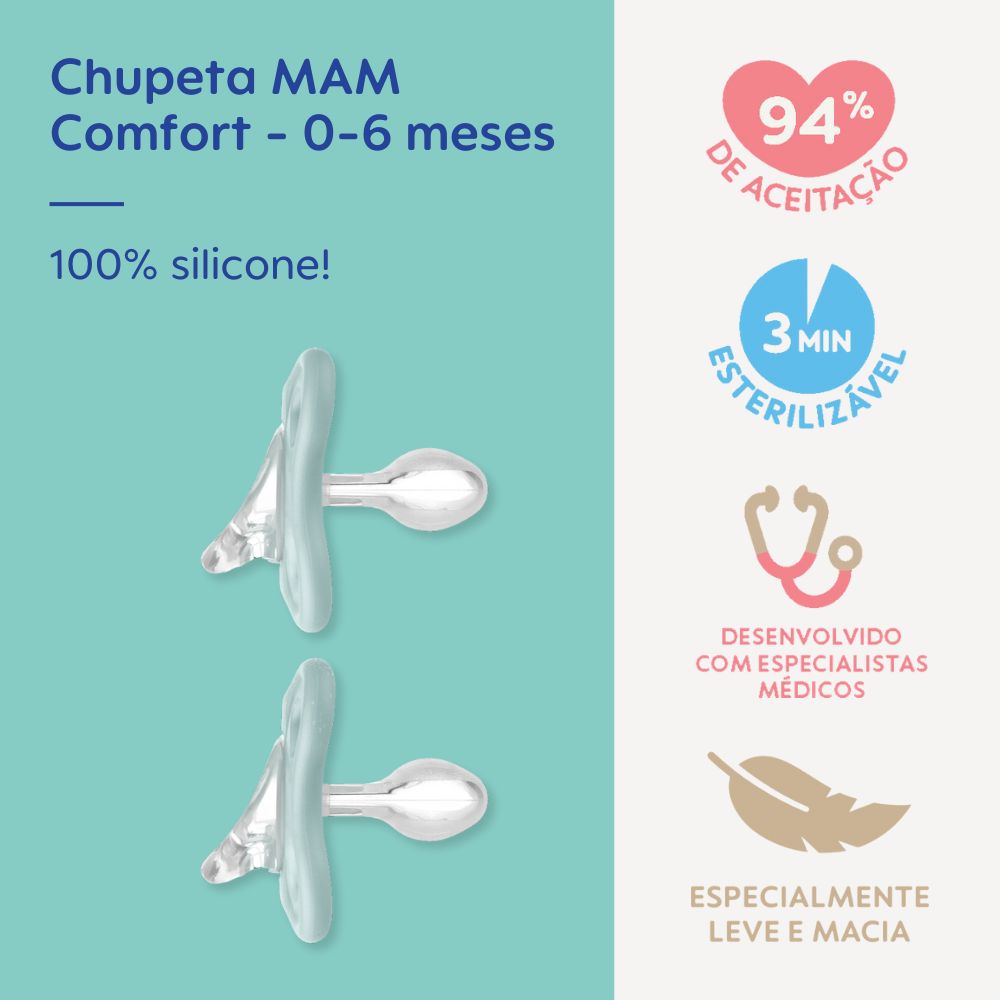 Chupeta MAM Comfort 100% Silicone 0-6 Meses com Caixa Esterilizadora Embalagem Dupla