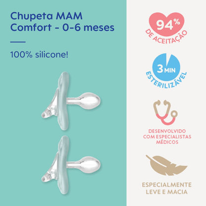 Chupeta MAM Comfort 100% Silicone 0-6 Meses com Caixa Esterilizadora Embalagem Dupla