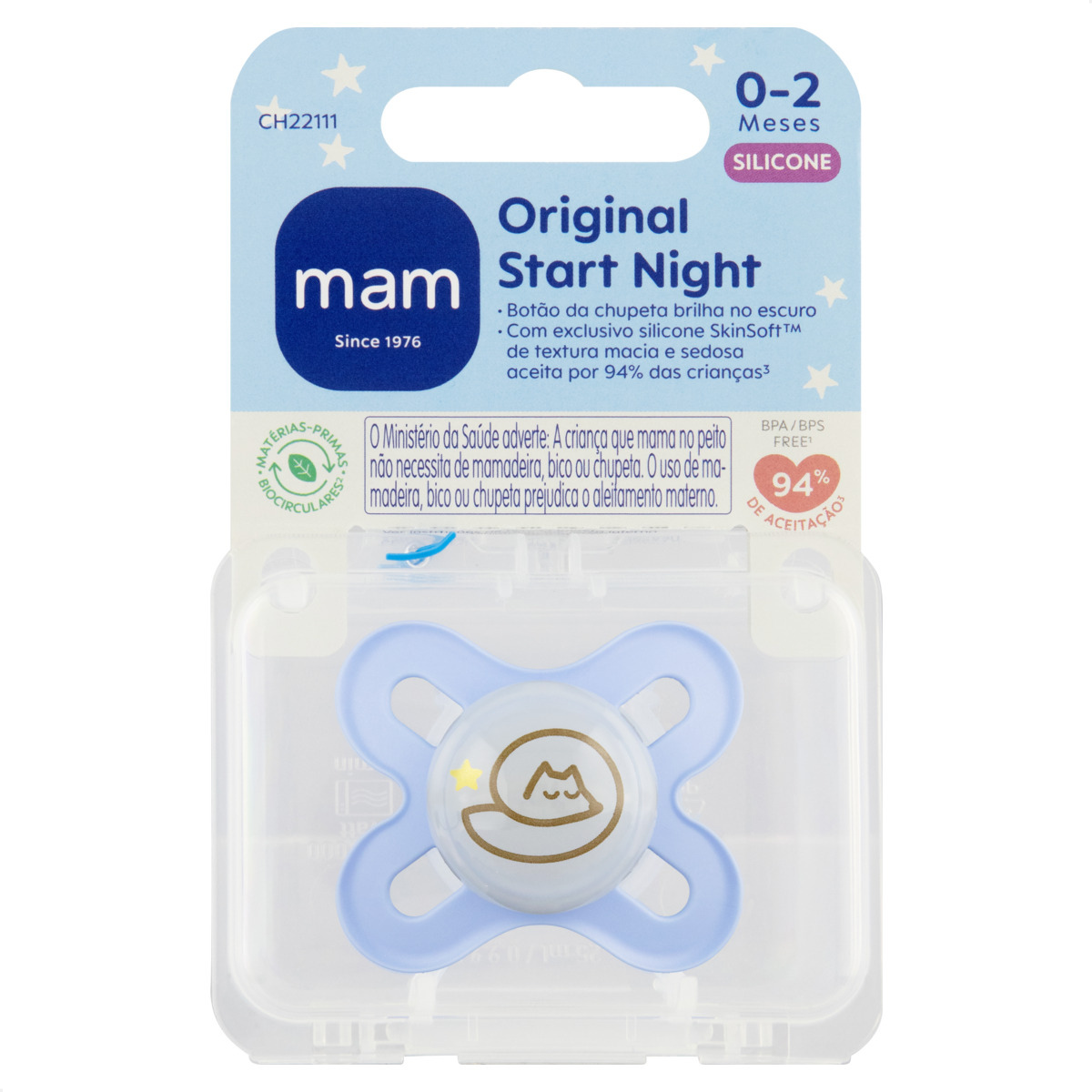 Chupeta MAM Original Start Night 0-2 Meses Azul com Botão Brilha no Escuro e Caixa Esterilizadora