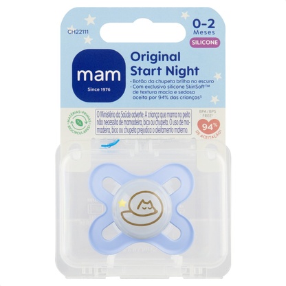 Chupeta MAM Original Start Night 0-2 Meses Azul com Botão Brilha no Escuro e Caixa Esterilizadora