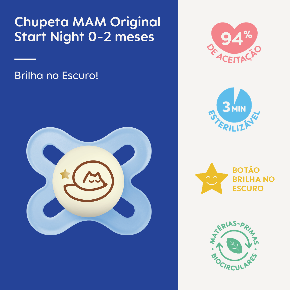 Chupeta MAM Original Start Night 0-2 Meses Azul com Botão Brilha no Escuro e Caixa Esterilizadora