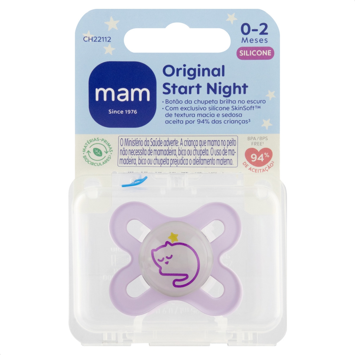 Chupeta MAM Original Start Night 0-2 Meses Lilás com Botão Brilha no Escuro e Caixa Esterilizadora