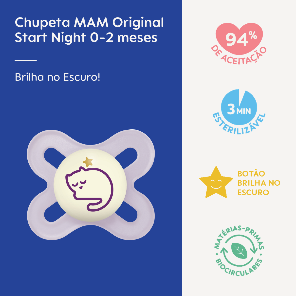 Chupeta MAM Original Start Night 0-2 Meses Lilás com Botão Brilha no Escuro e Caixa Esterilizadora