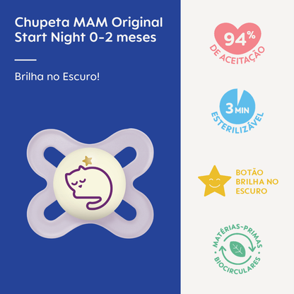 Chupeta MAM Original Start Night 0-2 Meses Lilás com Botão Brilha no Escuro e Caixa Esterilizadora