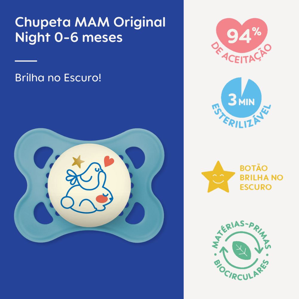 Chupeta MAM Original Night 0-6 Meses Azul com Botão Brilha no Escuro e Caixa Esterilizadora