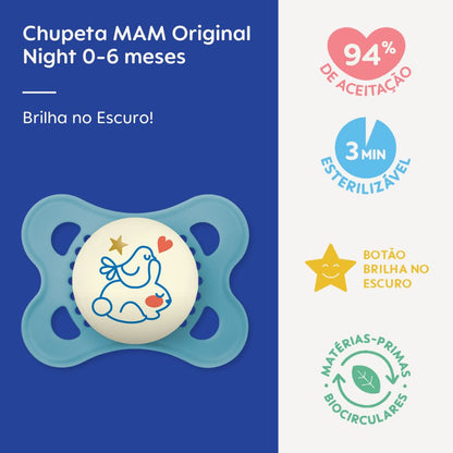 Chupeta MAM Original Night 0-6 Meses Azul com Botão Brilha no Escuro e Caixa Esterilizadora