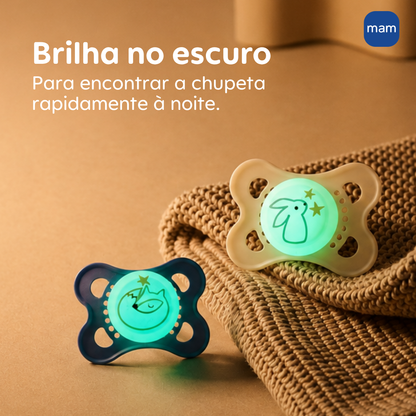 Chupeta MAM Original Night 0-6 Meses com Botão Brilha no Escuro e Caixa Esterilizadora Embalagem Dupla