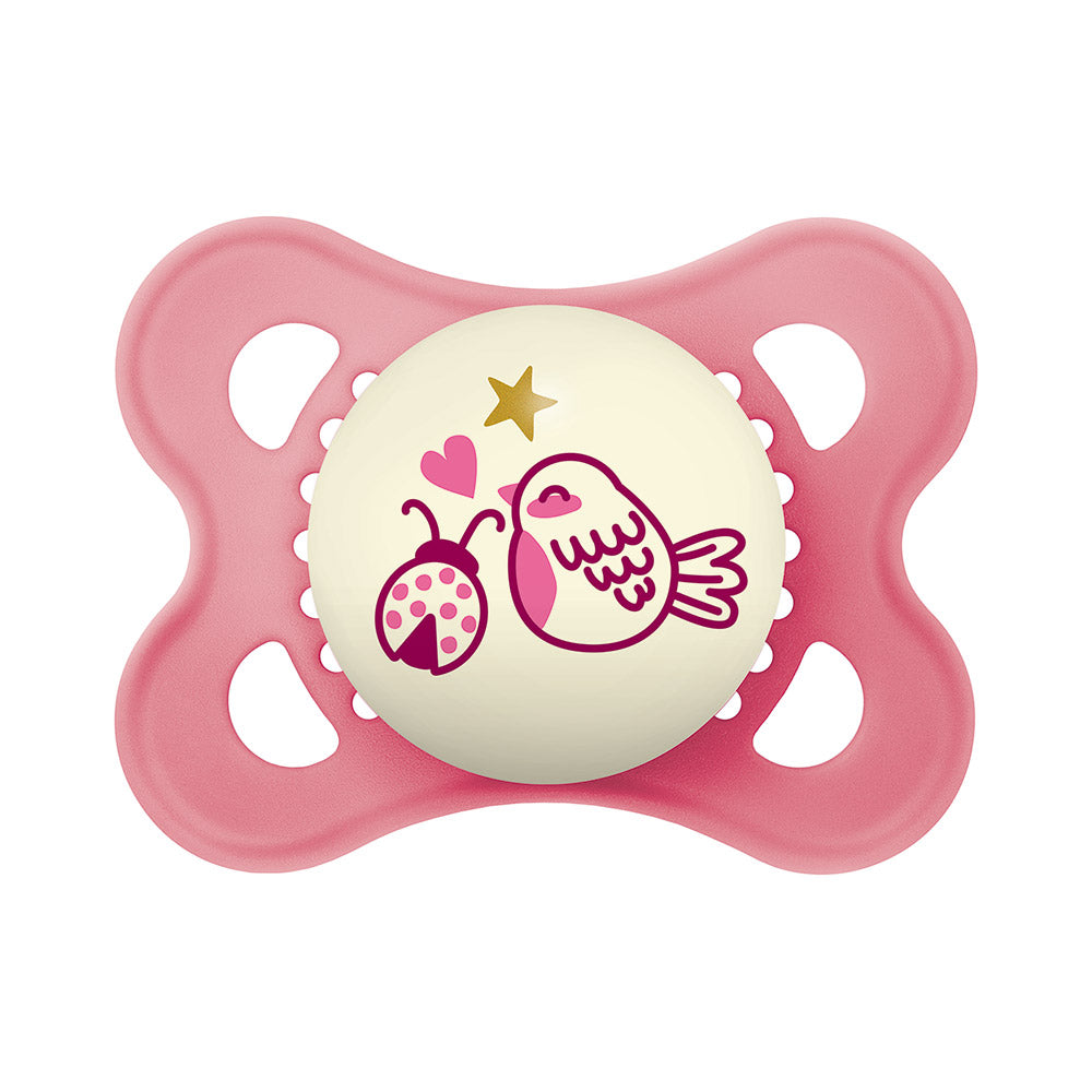 Chupeta MAM Original Night 0-6 Meses Rosa com Botão Brilha no Escuro e Caixa Esterilizadora