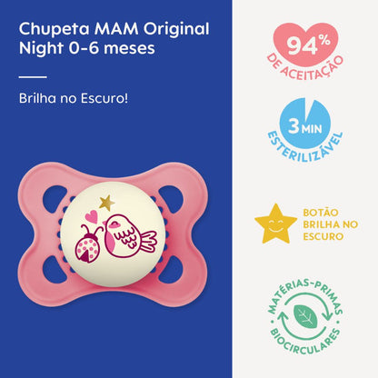 Chupeta MAM Original Night 0-6 Meses Rosa com Botão Brilha no Escuro e Caixa Esterilizadora