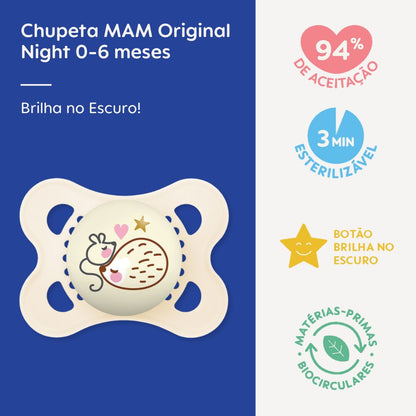 Chupeta MAM Original Night 0-6 Meses Neutra com Botão Brilha no Escuro e Caixa Esterilizadora