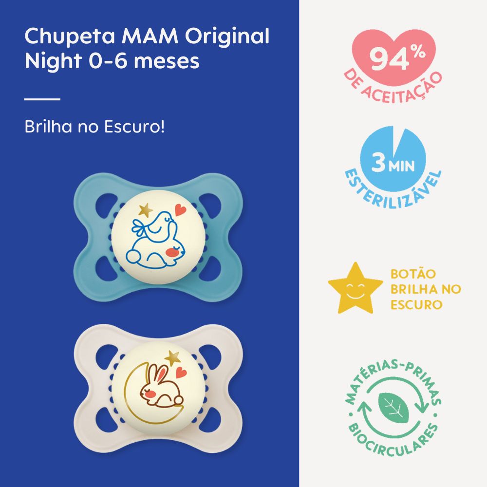 Chupeta MAM Original Night 0-6 Meses com Botão Brilha no Escuro e Caixa Esterilizadora Embalagem Dupla