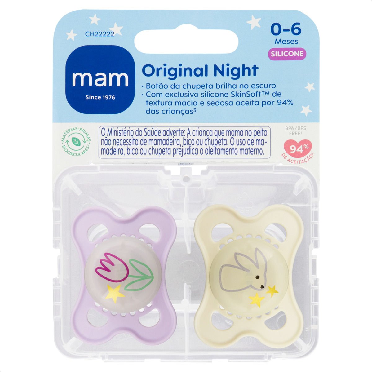 Chupeta MAM Original Night 0-6 Meses com Botão Brilha no Escuro e Caixa Esterilizadora Embalagem Dupla
