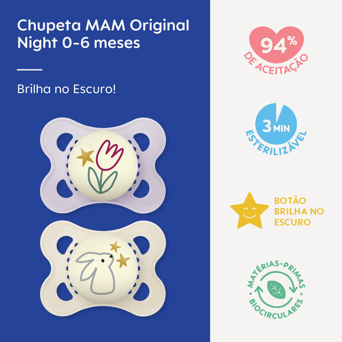 Chupeta MAM Original Night 0-6 Meses com Botão Brilha no Escuro e Caixa Esterilizadora Embalagem Dupla